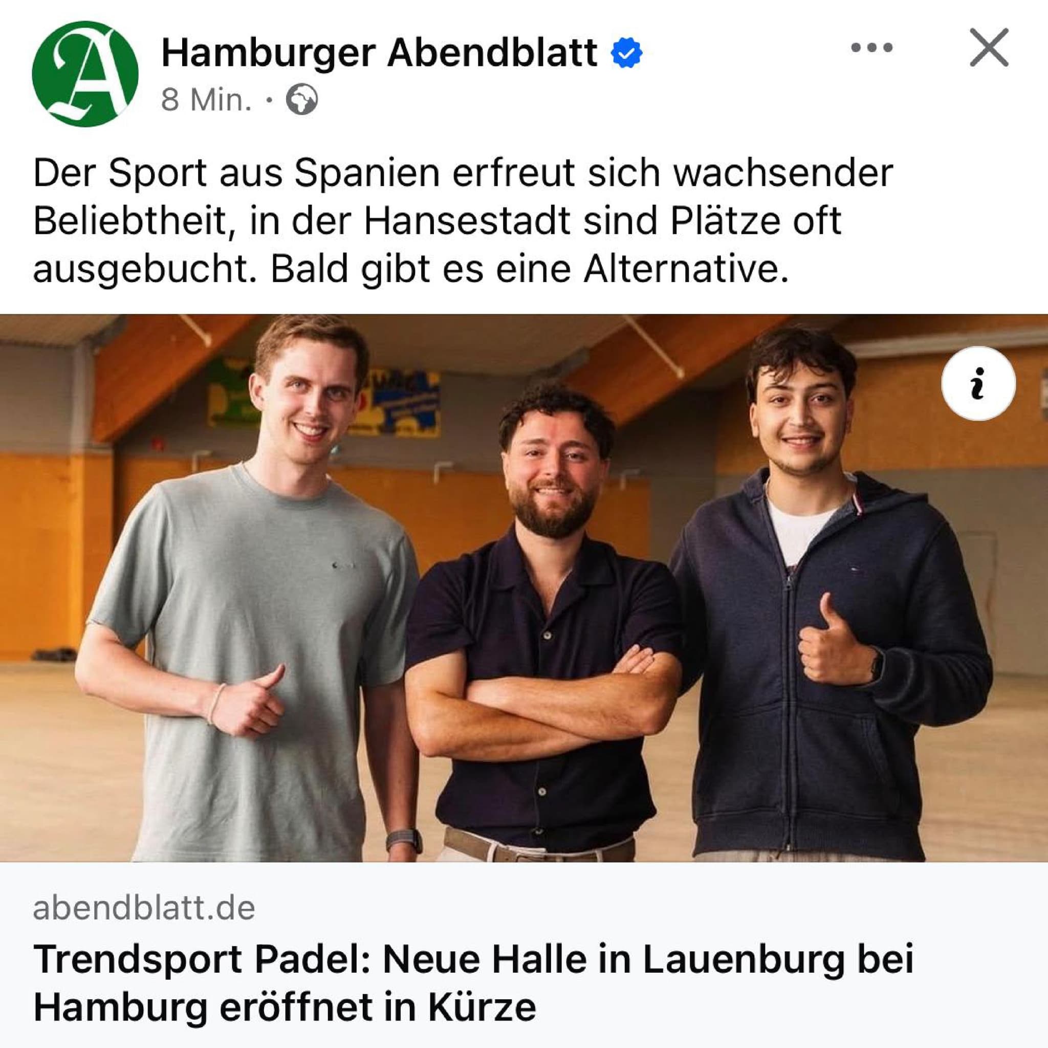 Bericht des Hamburger Abendblatts über Padel Atelier unter der Überschrift „Trendsport Padel: Neue Halle in Lauenburg bei Hamburg eröffnet in Kürze“.